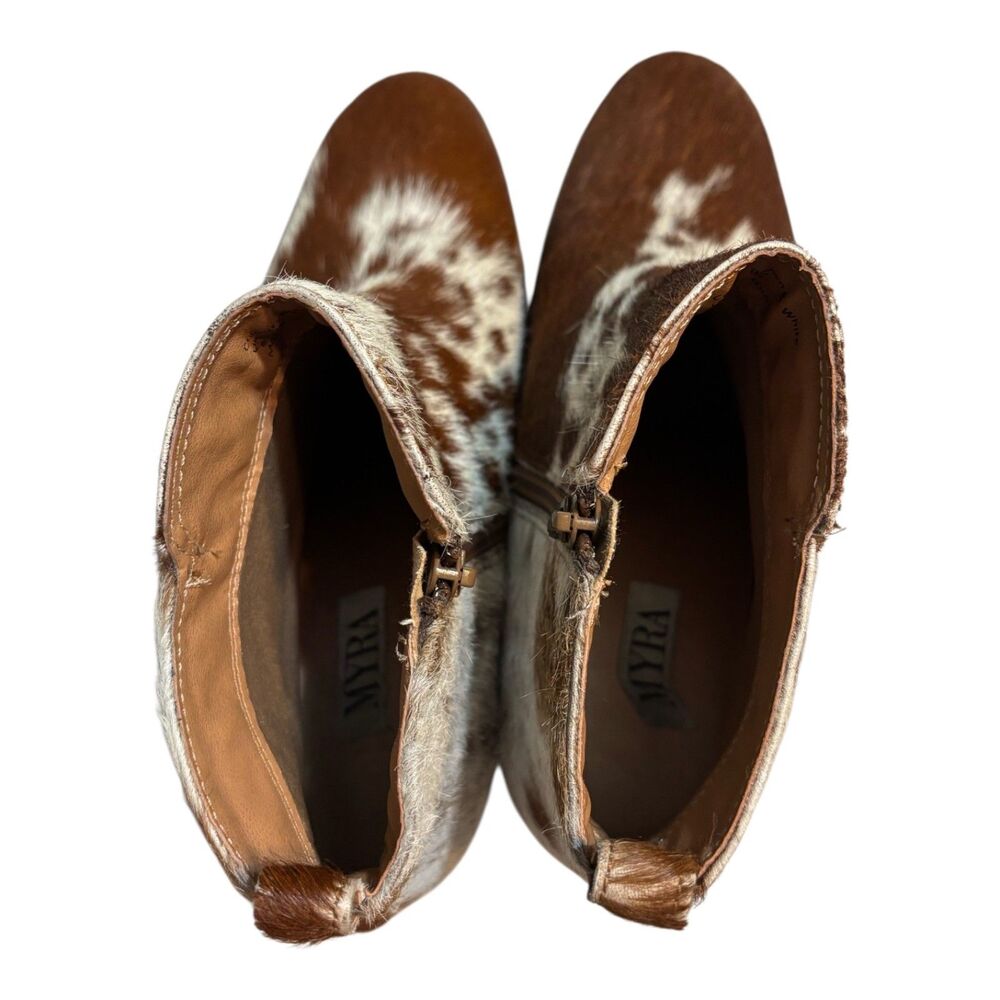 Myra Hair-On Hide Cowhide Ankle Boots Brown White Western Booties Size 9 - Picture 13 of 13